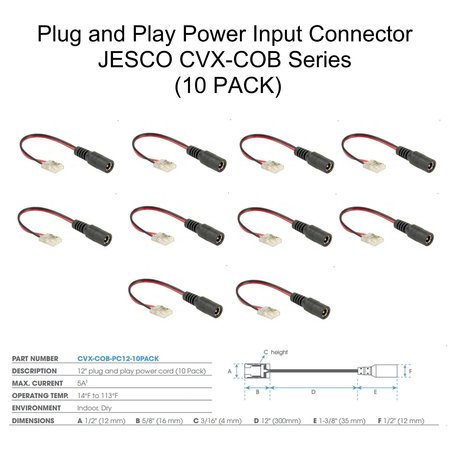 JESCO 12 inch Plug and play Power input connector for CVXCOB Series, 10PK CVX-COB-PC12-10PACK